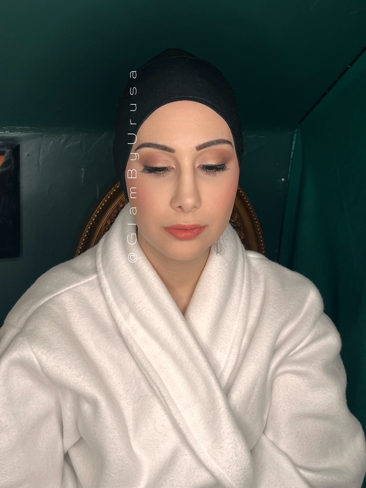 Soft natural glam makeup for a hijab-wearing client getting ready in the Oshawa home salon
