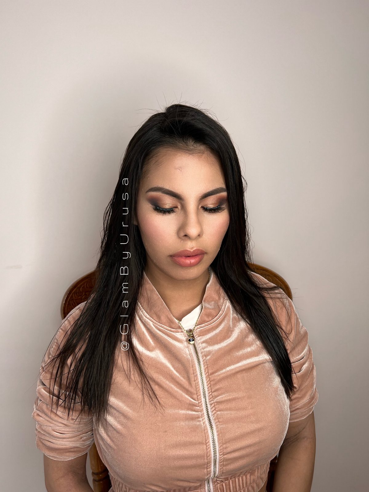 Natural soft glam makeup with a warm neutral eye and sleek straight hair